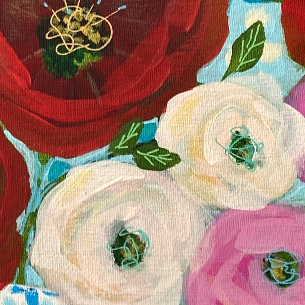 Abstract Floral Acrylic Painting 16 X 20" Colorful Red and Pink Flowers - Picture 4 of 4